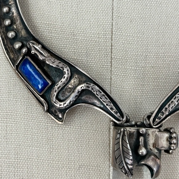 VINTAGE 950 silver quartz crystal lapis blue artisan Handmade bib necklace snake - Picture 8 of 16